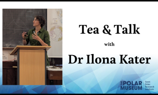 A poster with the text: 'Tea and Talk with Dr Ilona Kater..’ On the left is an image of Ilona wearing a green dress and speaking at a lectern.