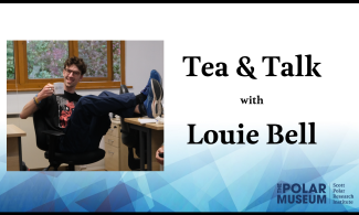 A poster with the text: 'Tea and Talk with Louie Bell. To the left, a photo of Louie sitting askew on a chair holding up a mug with a large smile.