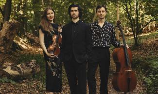 Three people standing in a line in a forest, looking at the camera. The woman on the left holds a violin, and the man on the right holds a cello. 