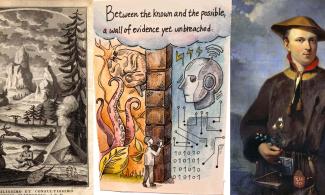 Meet the Researchers Graphic. Including Linnaeus, a graphic illustration by Tom McClelland. Bold pink text for Cambridge Festival.