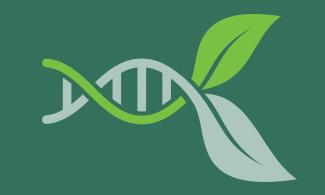 Green and light grey DNA strand shaped like a plant stem with two leaves on a dark green background.