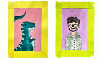 Cartoon illustrations of subjects of the tour: Franz Nopcsa, SUE the T. rex, Jonathan Cutbill and Anna Gurney