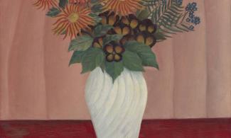 A painting of a bouquet of flowers in a white vase.
