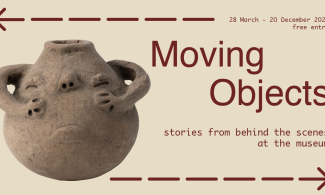 A clay pot with a grumpy expression and arms which form the handles. Text reads "Moving Objects: stories from behind the scenes at the museum, 28 March - 20 December 2026".