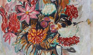 A painting of a green vase containing orange and red flowers.