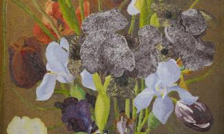 A painting of vase of irises and tulips on a brown background.