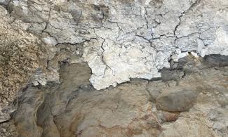 A muddy cliff face where the rock is in horizontal bands of brown and white colours, representing different time periods