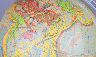 Image of a globe 'Tectonic Globe of the Earth’, showing Russian theory of global geological tectonics without “plates”, by Kurt Ziesing, German, 1972