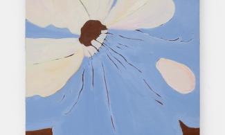 A painting of a large blue flower petal with white spots, on a brown background.