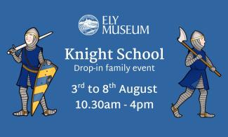 Two knights on a blue background. One holds an axe and the other a sword and shield. The text tells the event information. 