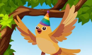 Image of a cartoon brown bird wearing a party hat flying in front of a tree.