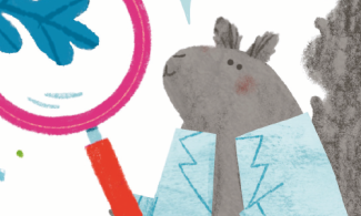 A cartoon squirrel holds a red magnifying glass, examining a blue leaf. The squirrel wears a light blue coat. Colourful flowers, leaves, and a ladybug surround it against a white background.