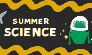 Summer Science graphic featuring a green frog dressed as an astronaut, floating among stars against a black space background.
