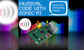 The image shows the Raspberry Pi computer with a digital beats background.