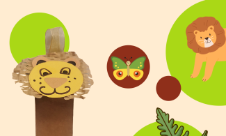 A cheerful craftted lion bookmark, in yellow, orange and brown sits to the left of the image. The lion is  cartoon like and has a ribbon handle at the top. 
