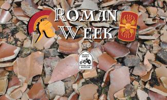 Background shows broken roman pottery shards. Foreground reads Roman Week and shows the Denny Abbey and the Farmland Museum logo