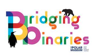 A colourful block text logo with the words: Bridging Binaries. A black penguin and polar bear silhouette on the text. 