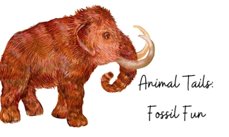 Colour illustration of a mammoth, with the text ' Animal Tails: Fossil Fun'