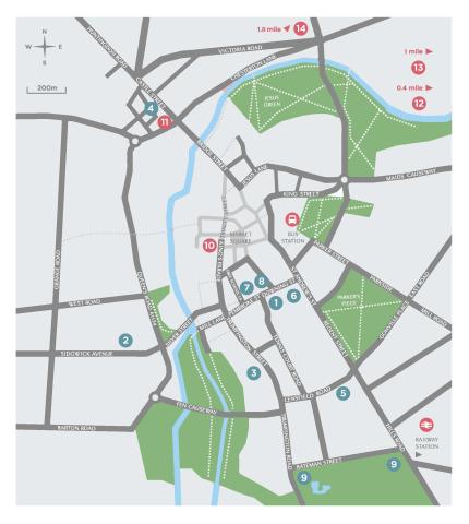 A map of Cambridge with 14 icons showing the participating venues for Twilight 2026.