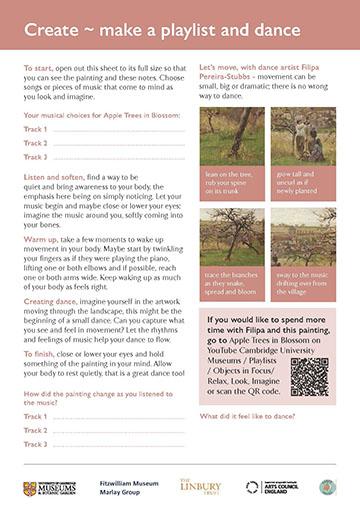 A preview of the activity sheet titled Apple Trees in Blossom - make a playlist and dance. It includes lots of text, four pictures of a painting and a QR code.