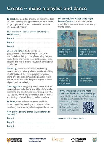 A preview of the Children Paddling activity sheet with a header reading Create - make a playlist and dance. It includes lots of text, four pictures of a painting and a QR code.