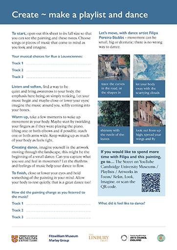 A preview of the Rue a la Louveciennes activity sheet with a header reading Create - make a playlist and dance. It includes lots of text, four pictures of a painting and a QR code.
