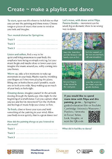 A preview of the Springtime activity sheet with a header reading Create - make a playlist and dance. It includes lots of text, four pictures of a painting and a QR code.