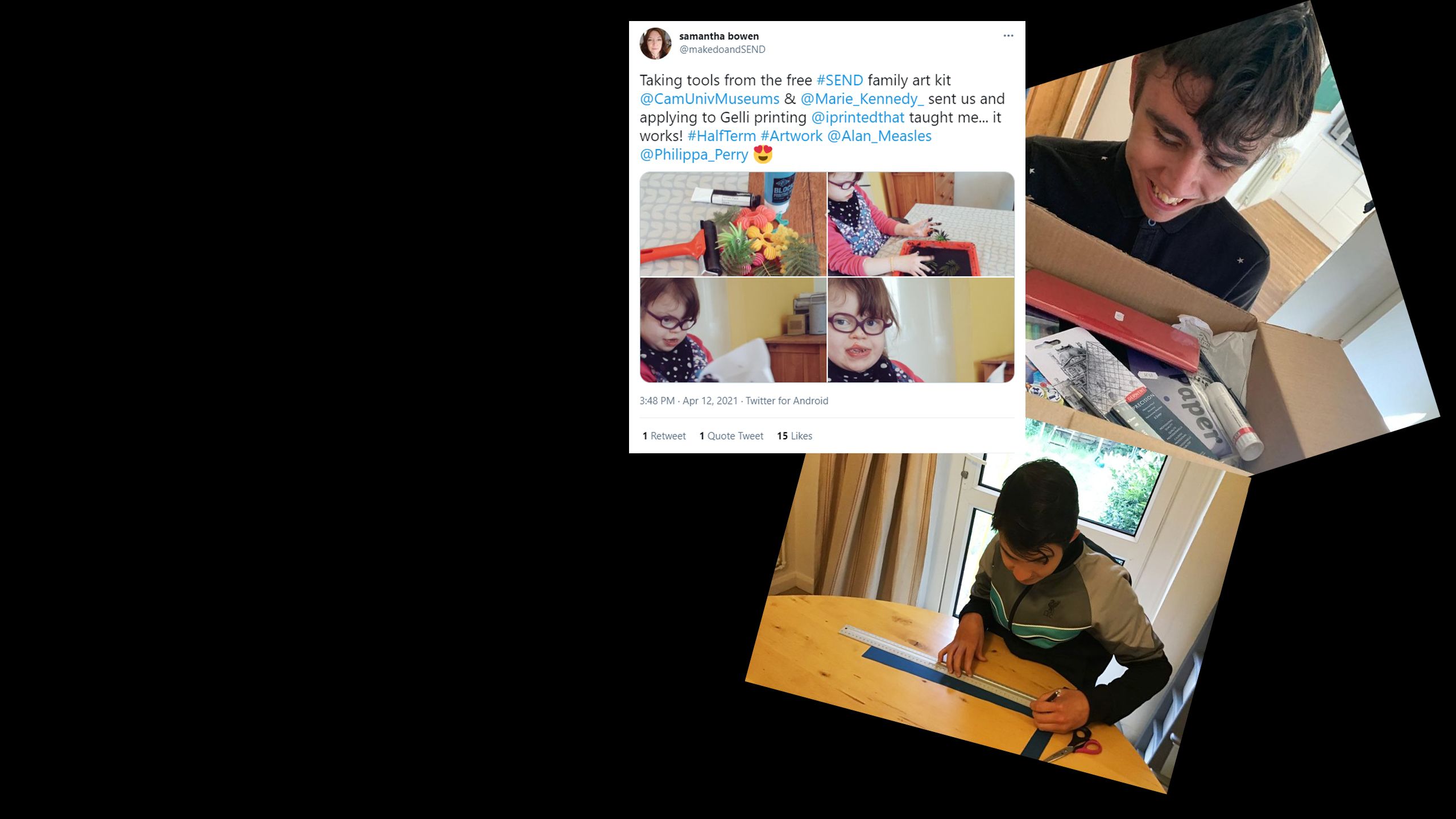 An embedded tweet, showing photos of a child enjoying craft activities