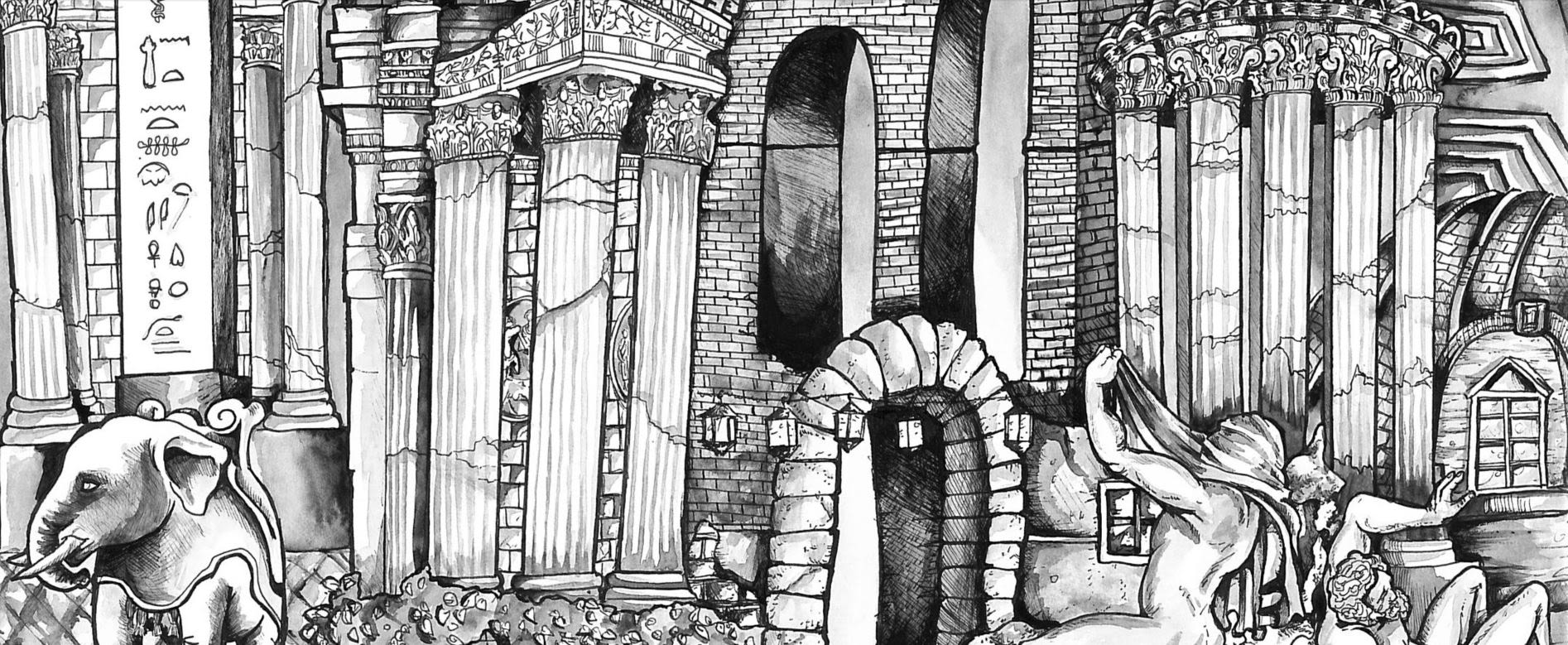 Detail from a black and white drawing showing elements of classical buildings and sculptures, with columns and doorways