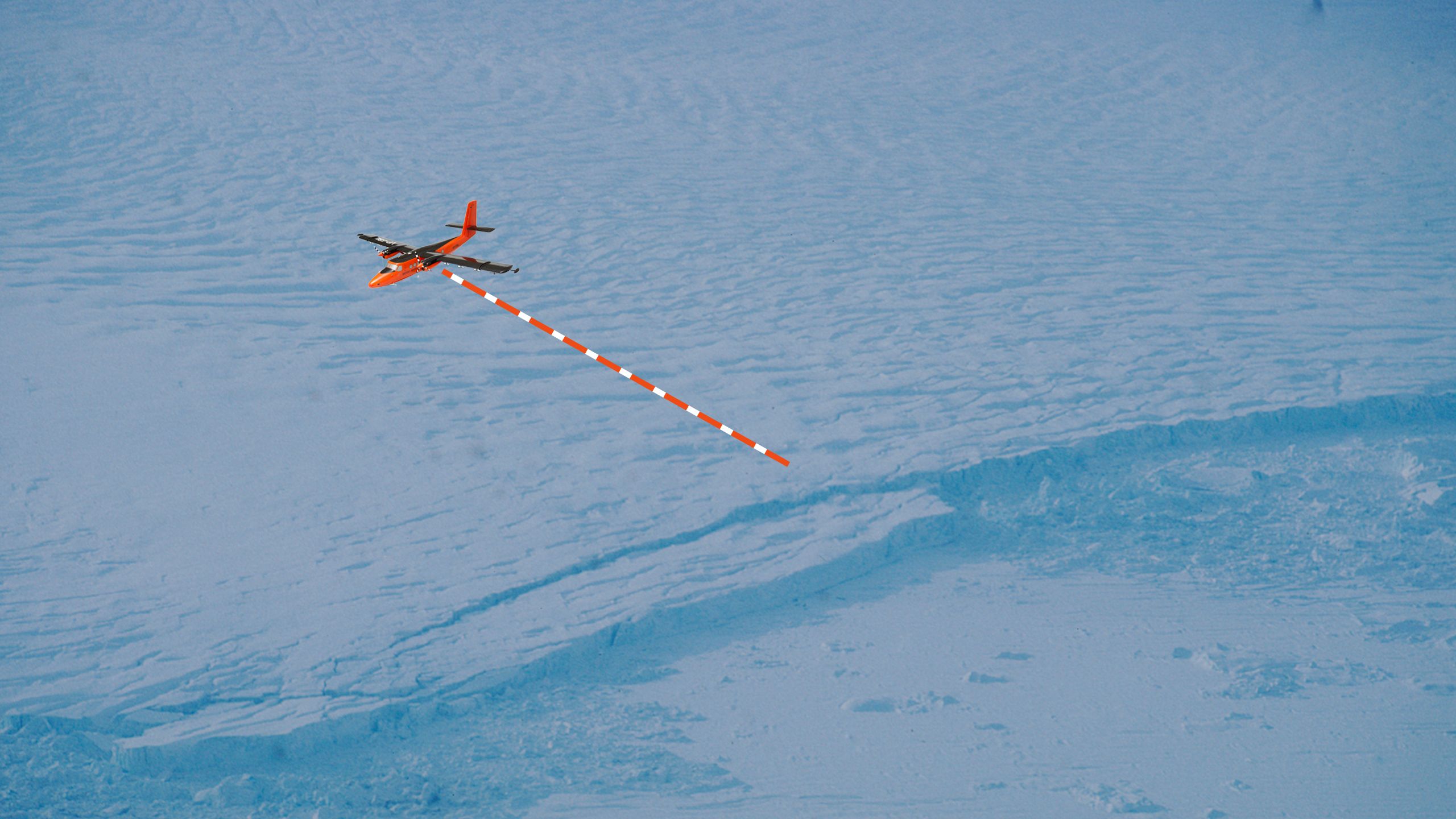 An aircraft flies over the ice with an depiction of a radio signal being bounced from the ice back to the plane