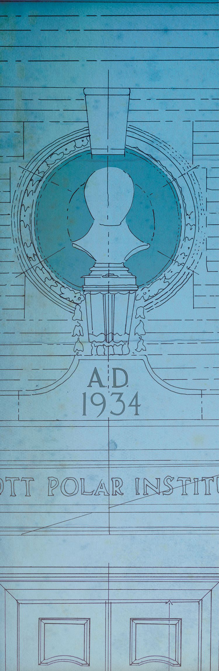 Drawing of architectural detail of bust of Captain Scott