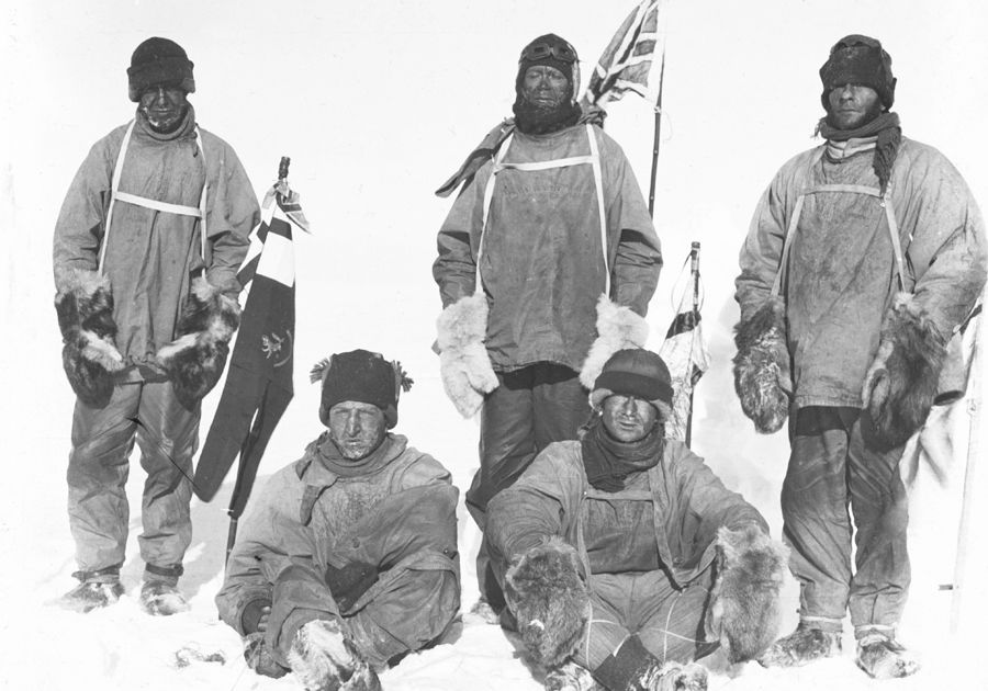 Edward Adrian Wilson, Robert Falcon Scott, Lawrence Oates, Henry Robertson Bowers and Edgar Evans at the South Pole, with a union flag.