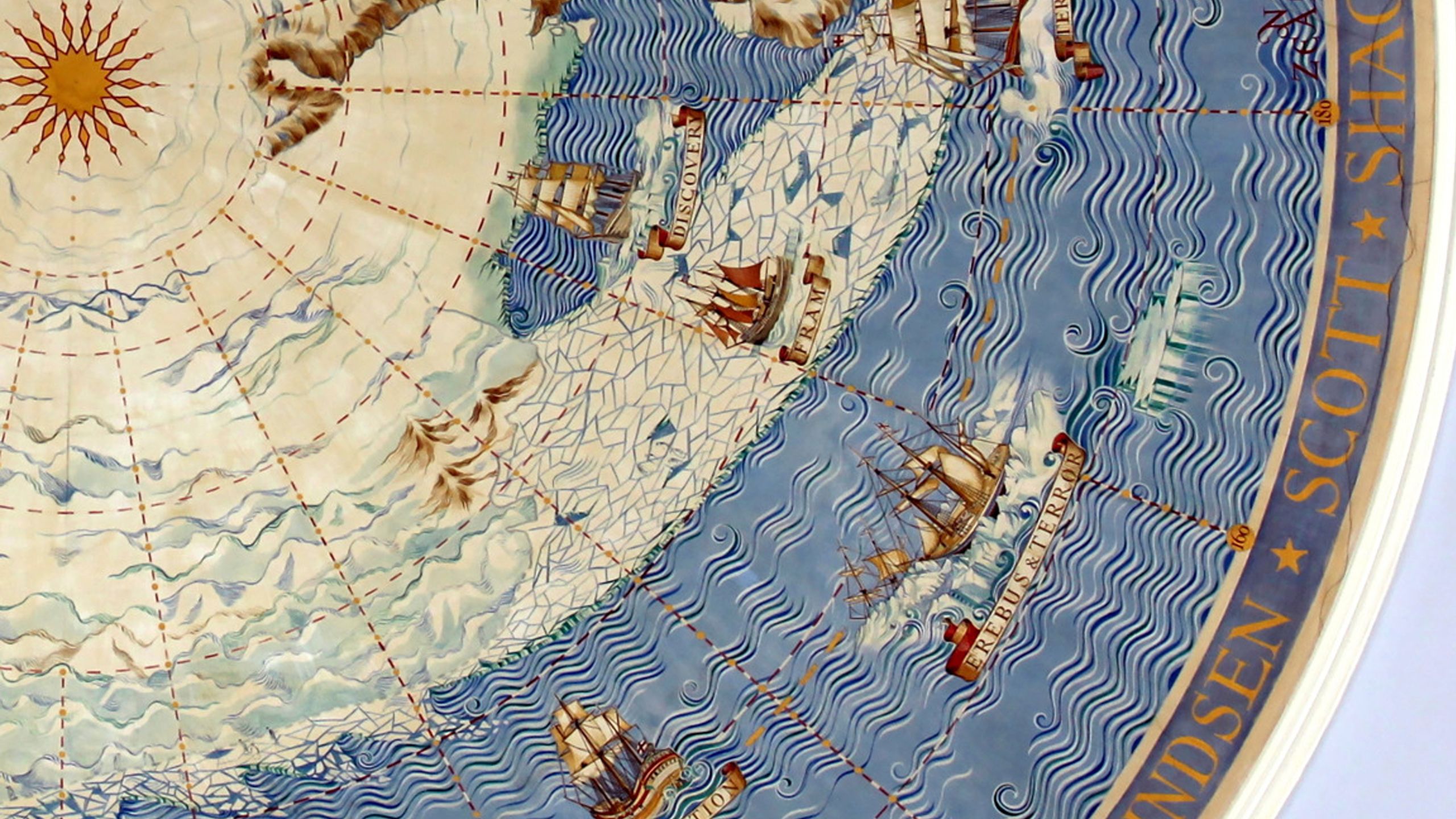 Detail from the Antarctic ceiling mural depicts several ships including Discover, Fram and Erebus and Terror.