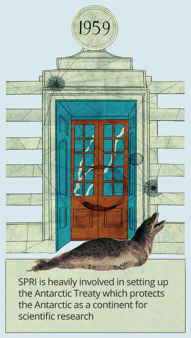 1958: SPRI is heavily involved in setting up the Antarctic Treaty which protects the Antarctic as a continent for scientific research.