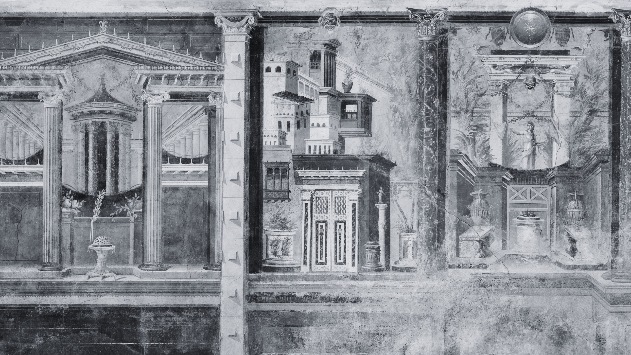 Wall painting from Boscoreale featuring architectural scenes in black and white