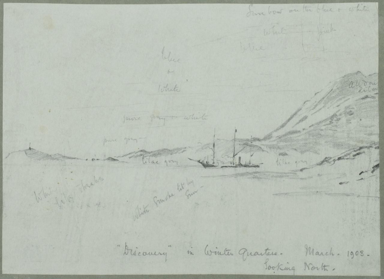 Pencil sketch of a boat against an icy, mountain background. There are scribbles all over the piece with notes about the colours of things.
