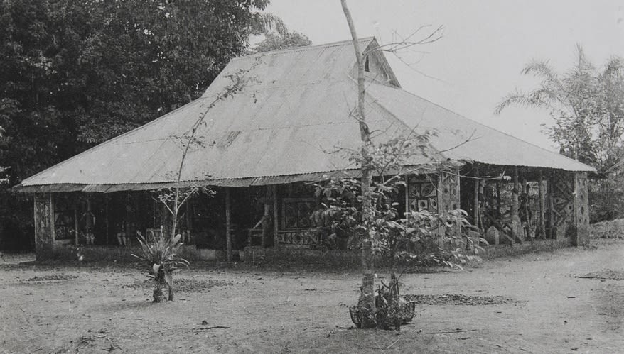 Wide view of a rectangular building with a corrugated metal roof and painted exterior panels, set in an open clearing with trees and sparse ground cover.