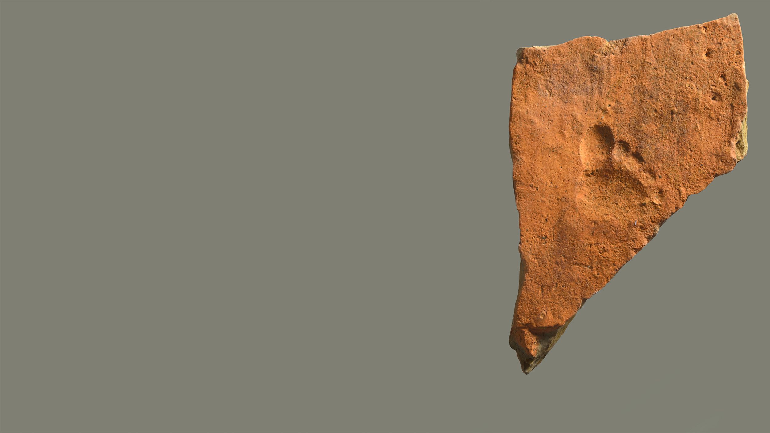 Against a grey background is a rectangular roof tile, orangey-ochre in colour, missing the bottom third on an upwards slant to the right. There is a small footprint, with the toes and ball of foot only, right in the middle of the tile.