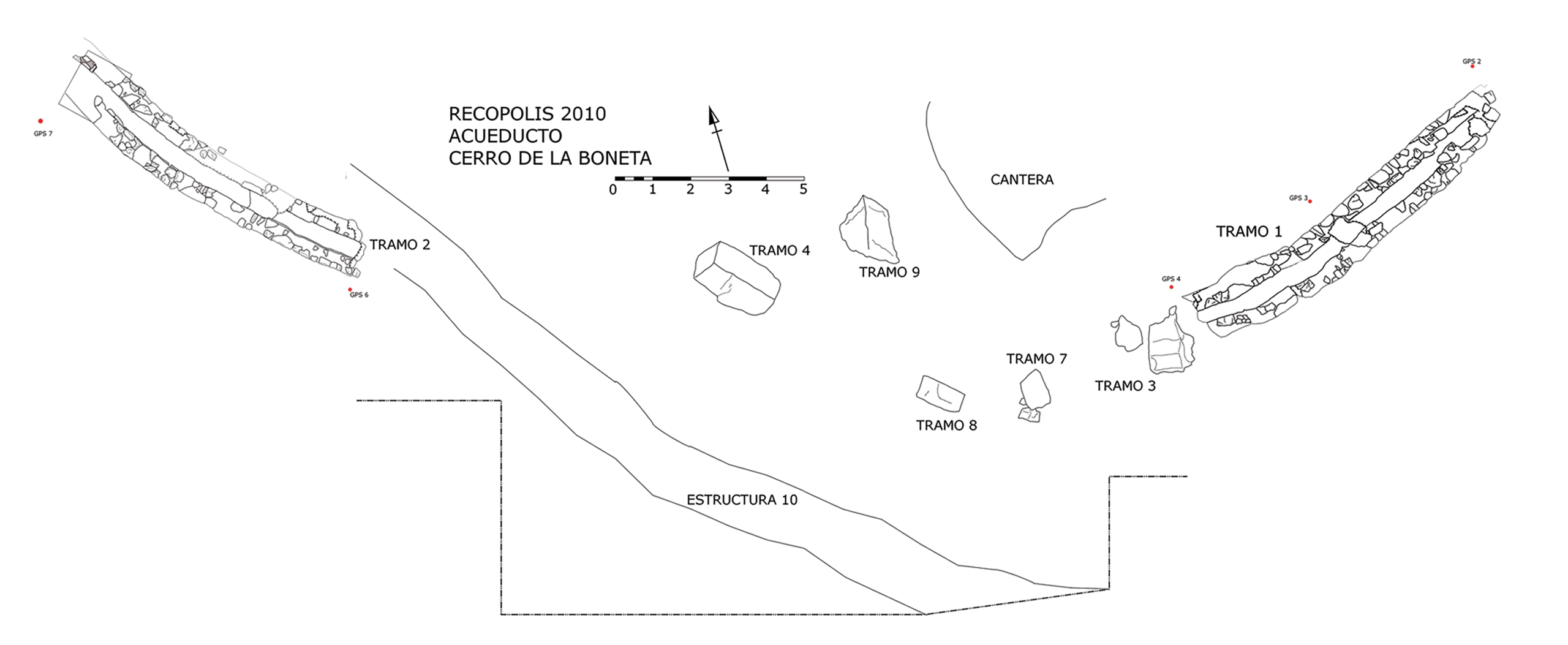 A technical line drawing of an archaeological site, outlining where the buildings would be with a key at the bottom.