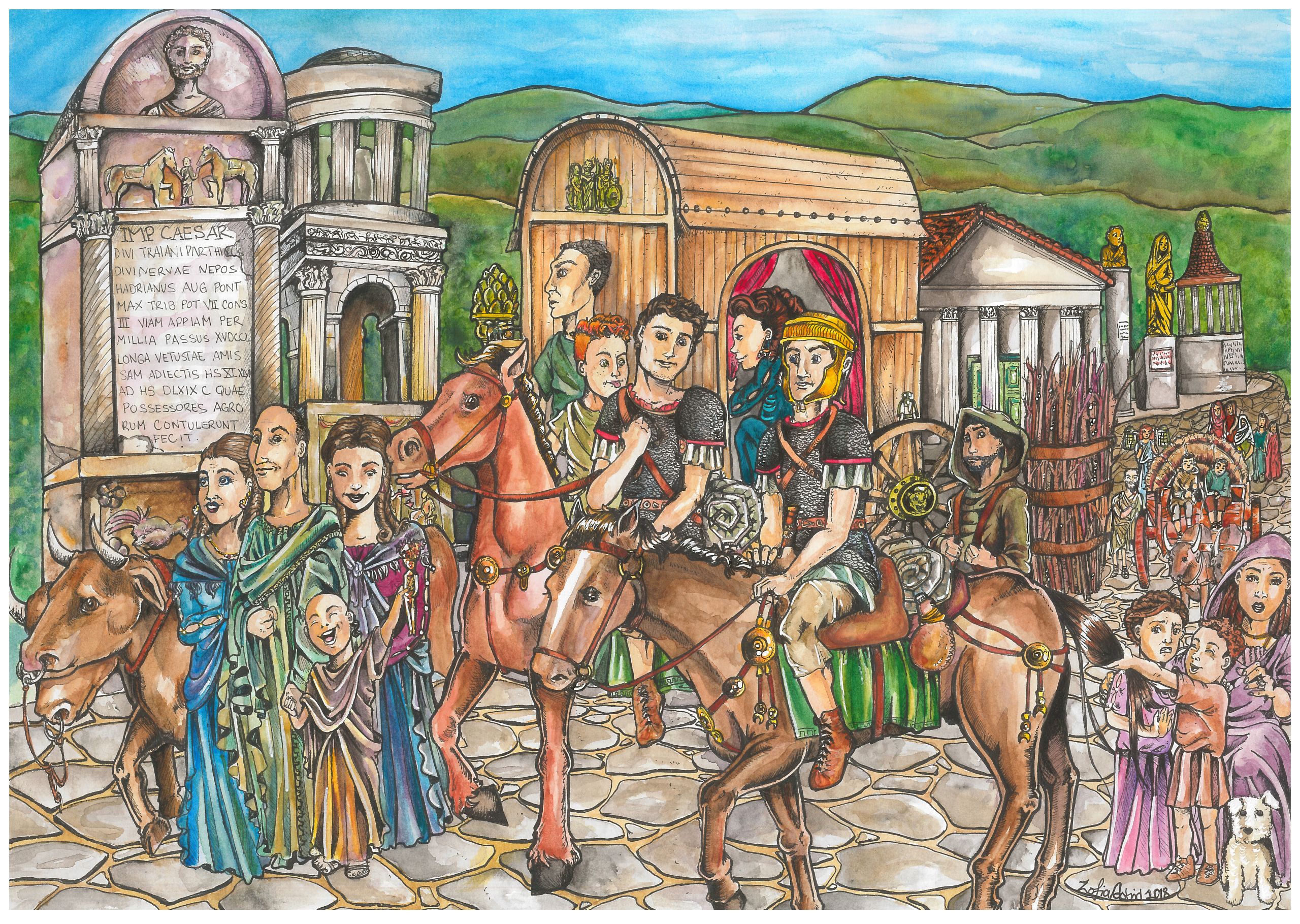 A busy scene of Roman people walking along a road. In the foreground two soldiers are on horse back. In the background along the side of the road are monuments and tombstones.