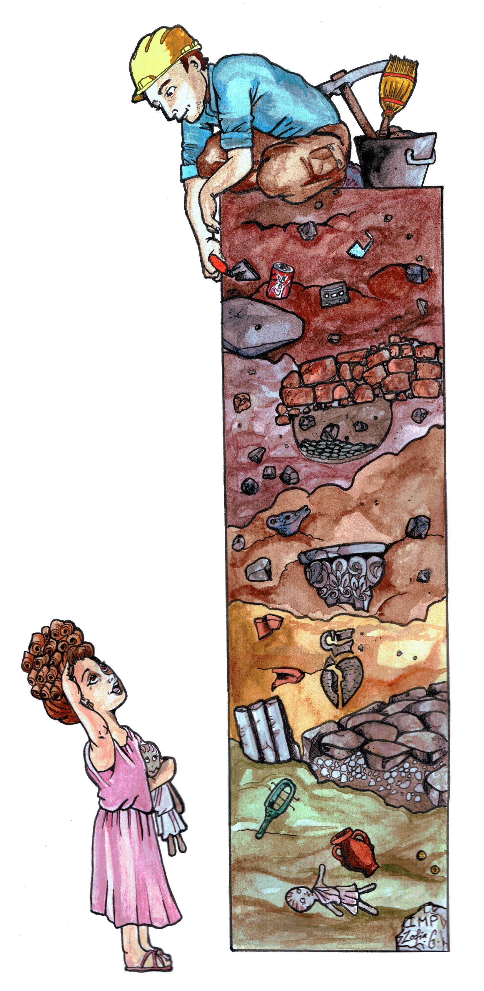An archaeologist atop layers of historic remains underground with a young roman girl at the bottom layer looking up at him.