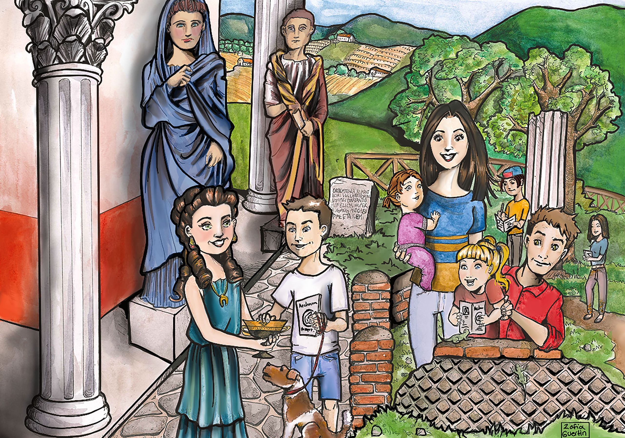 A scene where Roman people appear in alongside and interacting with a modern family touring the site