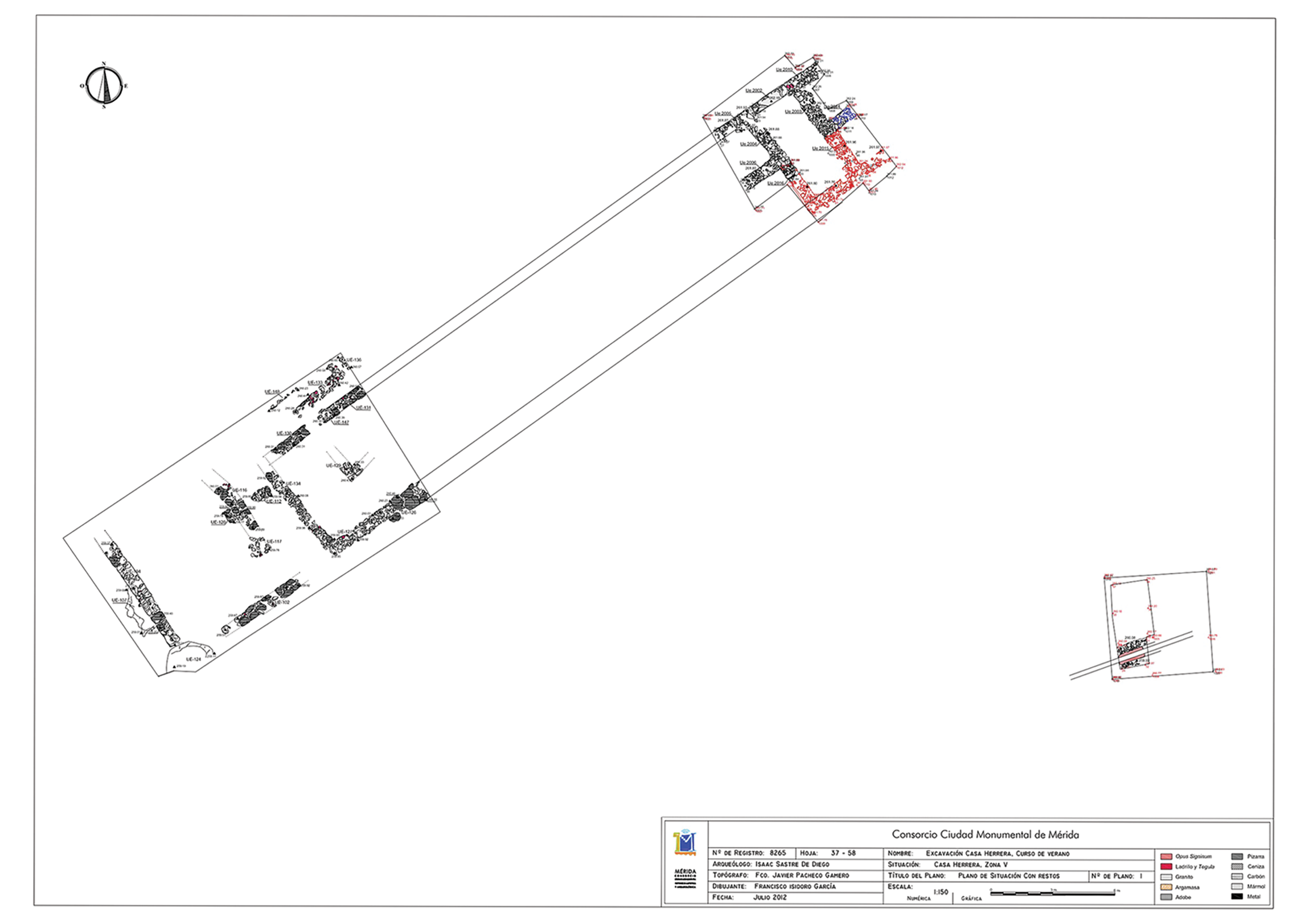A technical line drawing of an archaeological site, outlining where the buildings would be with a key at the bottom.