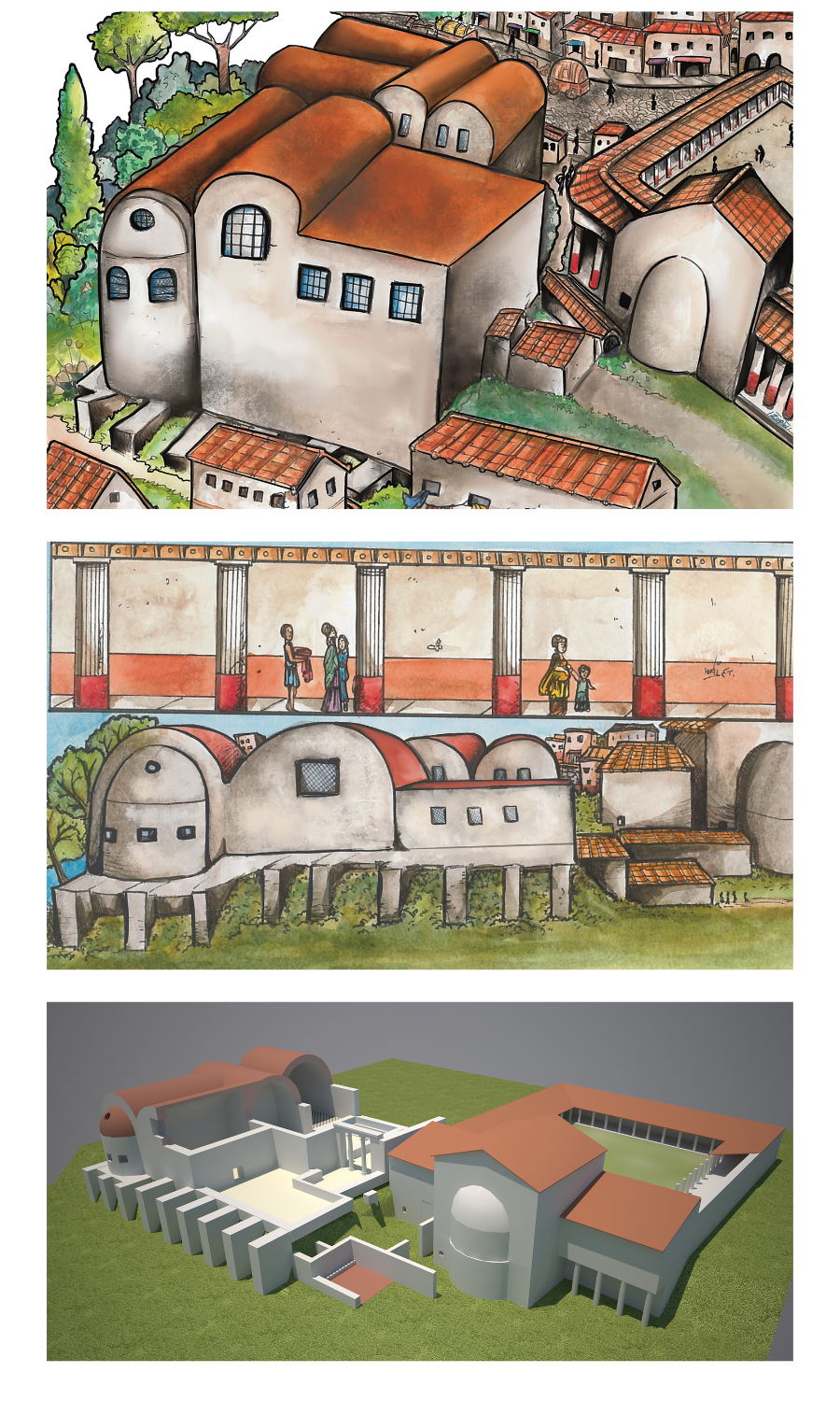 Artwork of roman buildings drawn in a more public friendly style, alongside a 3D imaging of a bath complex.