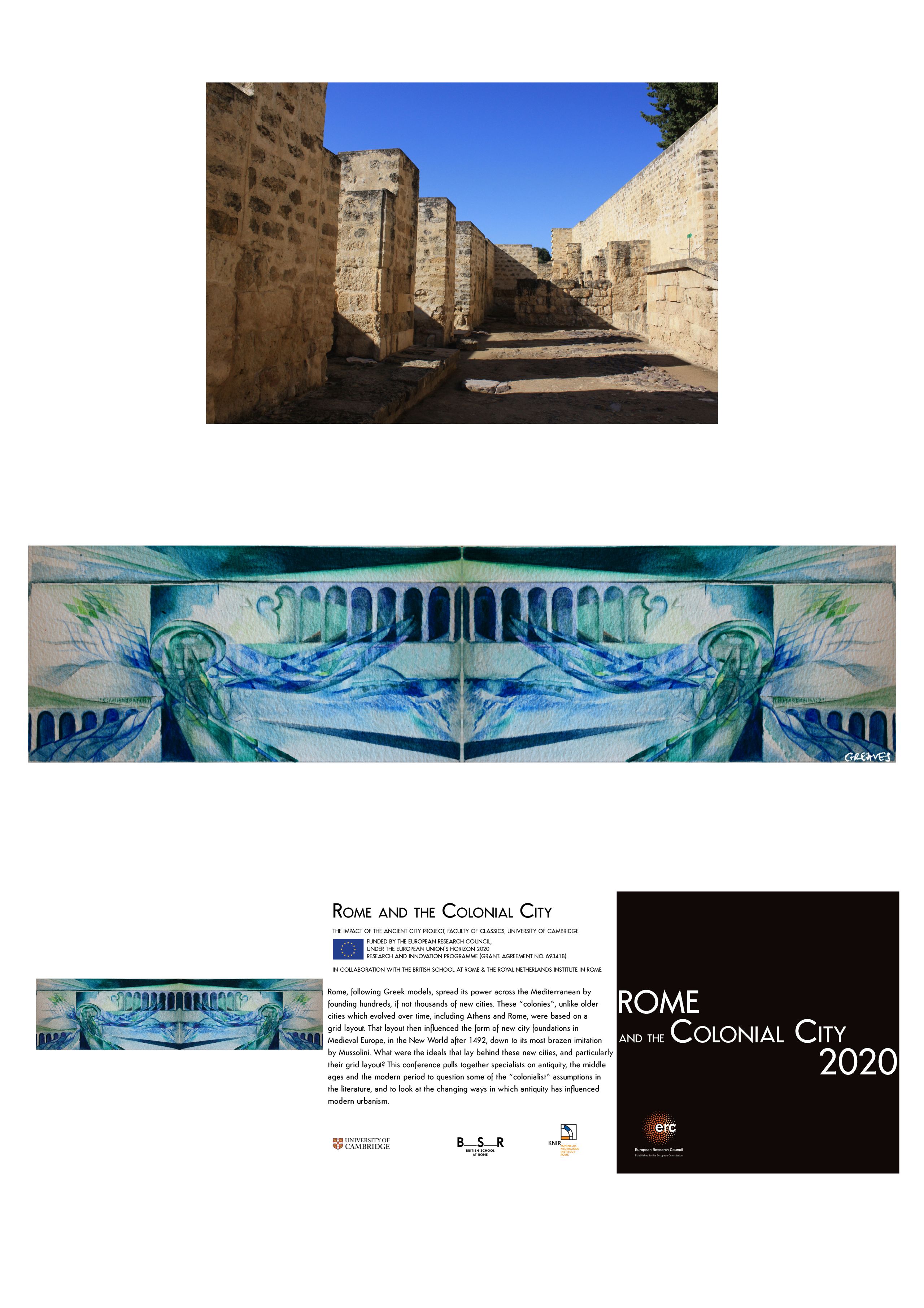 A conference leaflet with text and information but dominated by images. At the top is a photograph of an ancient site, below is an artwork which incorporates an arched structure.
