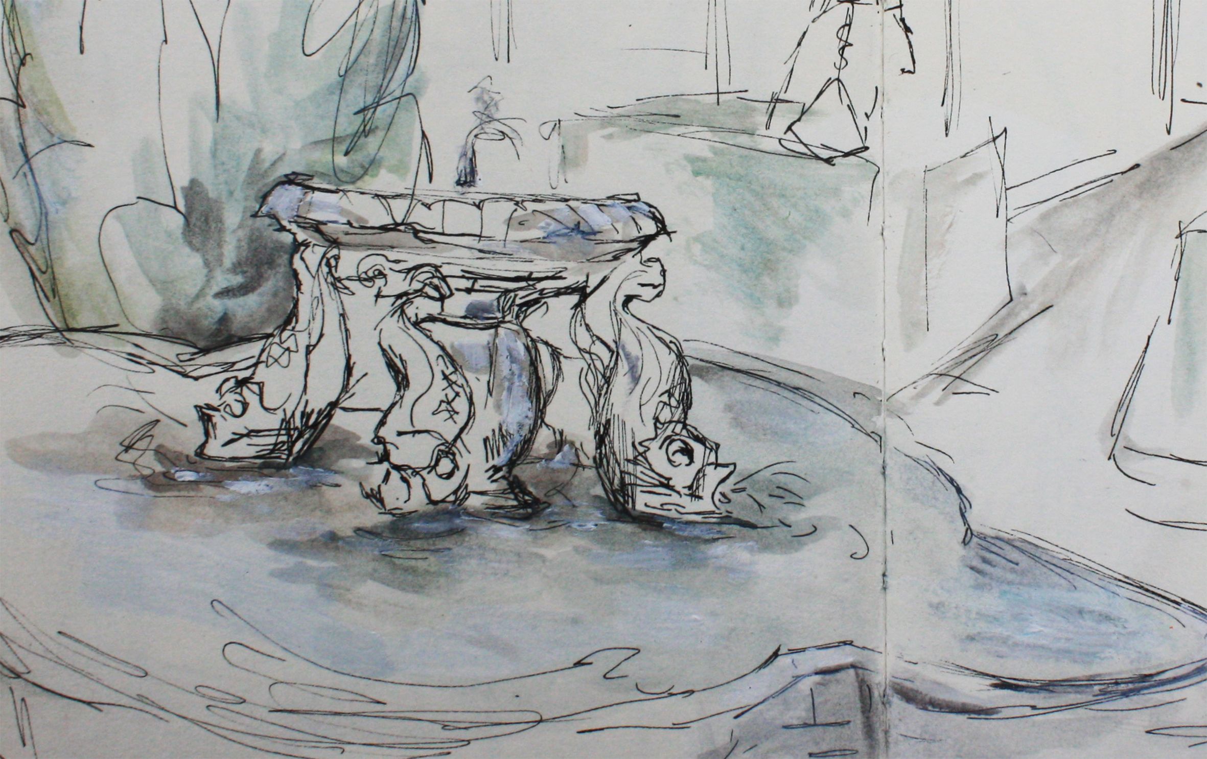 A watercolour sketch of a fountain with a base of sculpted fish.
