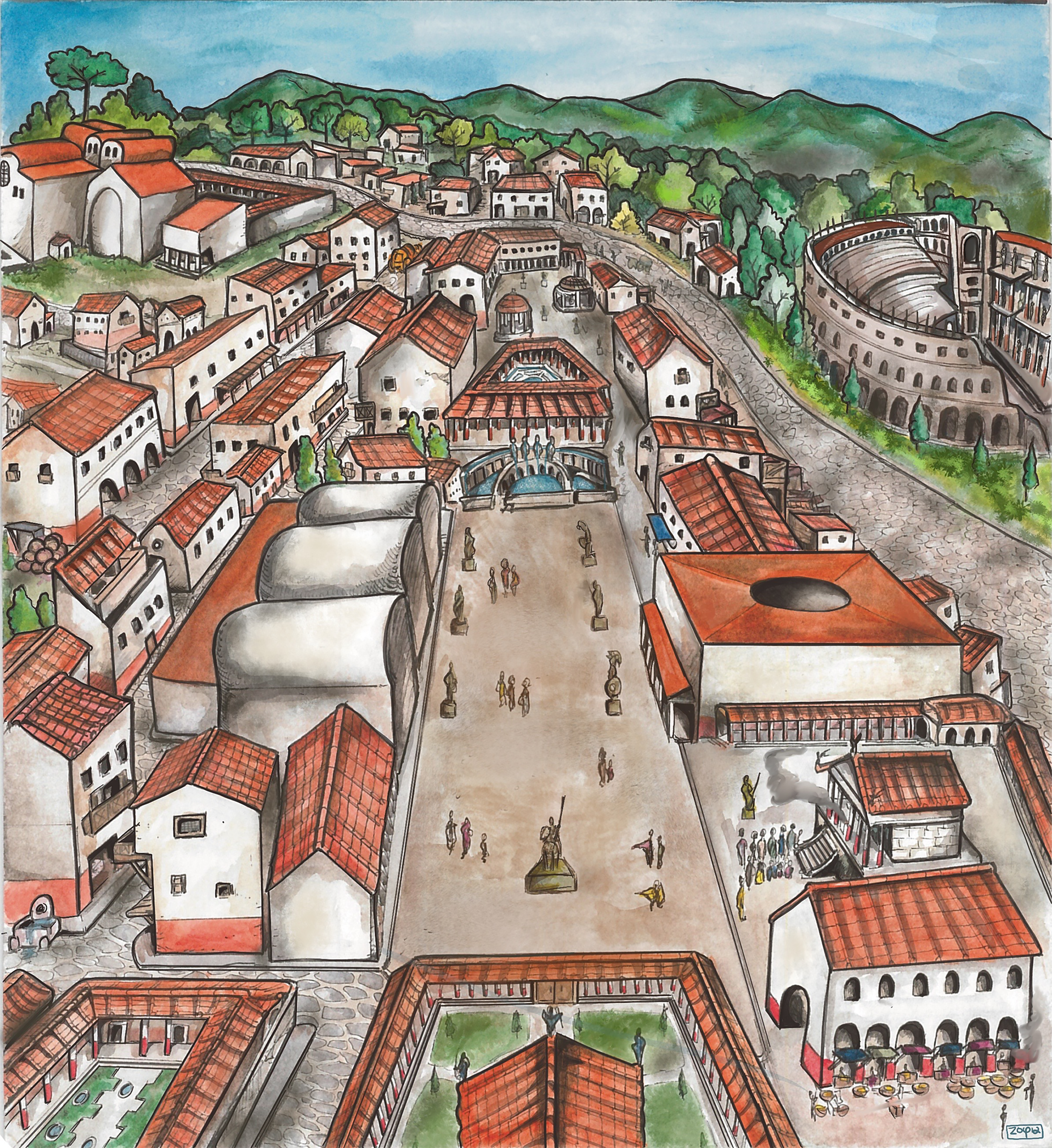 Artwork that reconstructs a Roman town from a bird's eye view, looking down. At the centre is a large open space surrounded by buildings and roads coming away from it.
