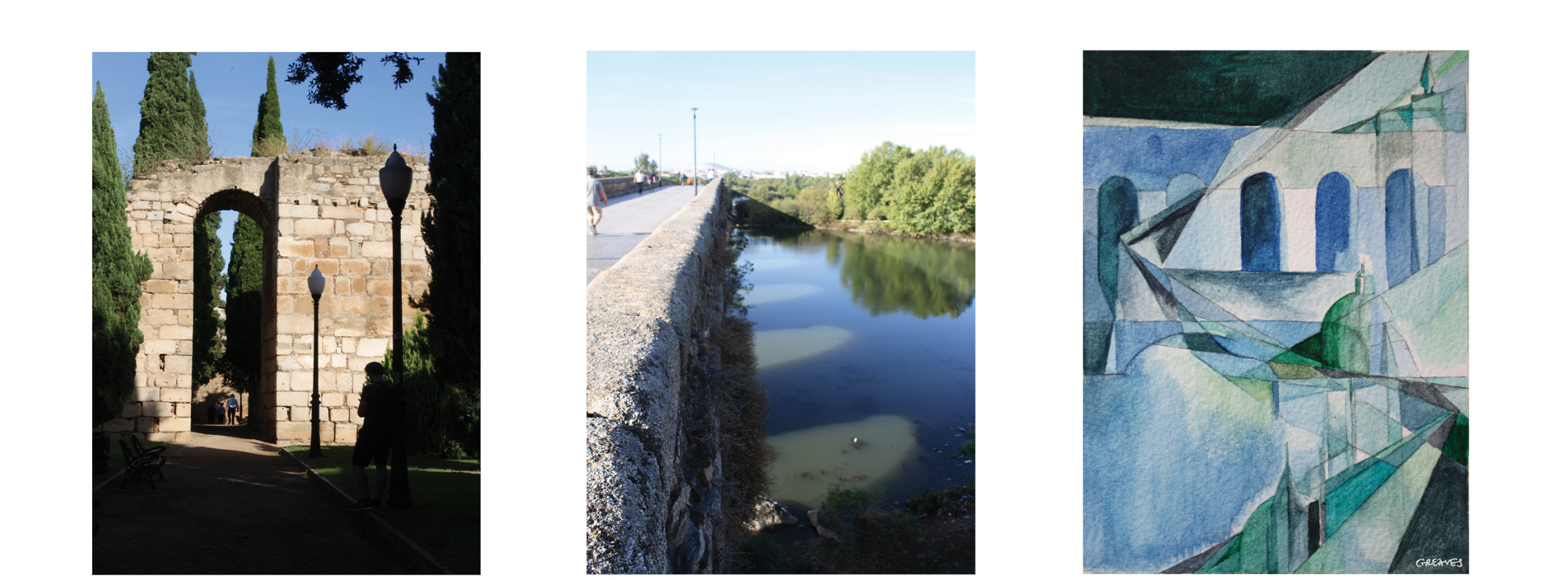 Three images. A photograph of a Roman archway.A photograph taken from a bridge, it's arches reflected in the water below. A drawing incorporating the two images and other scenes from the historic city of Merida. 