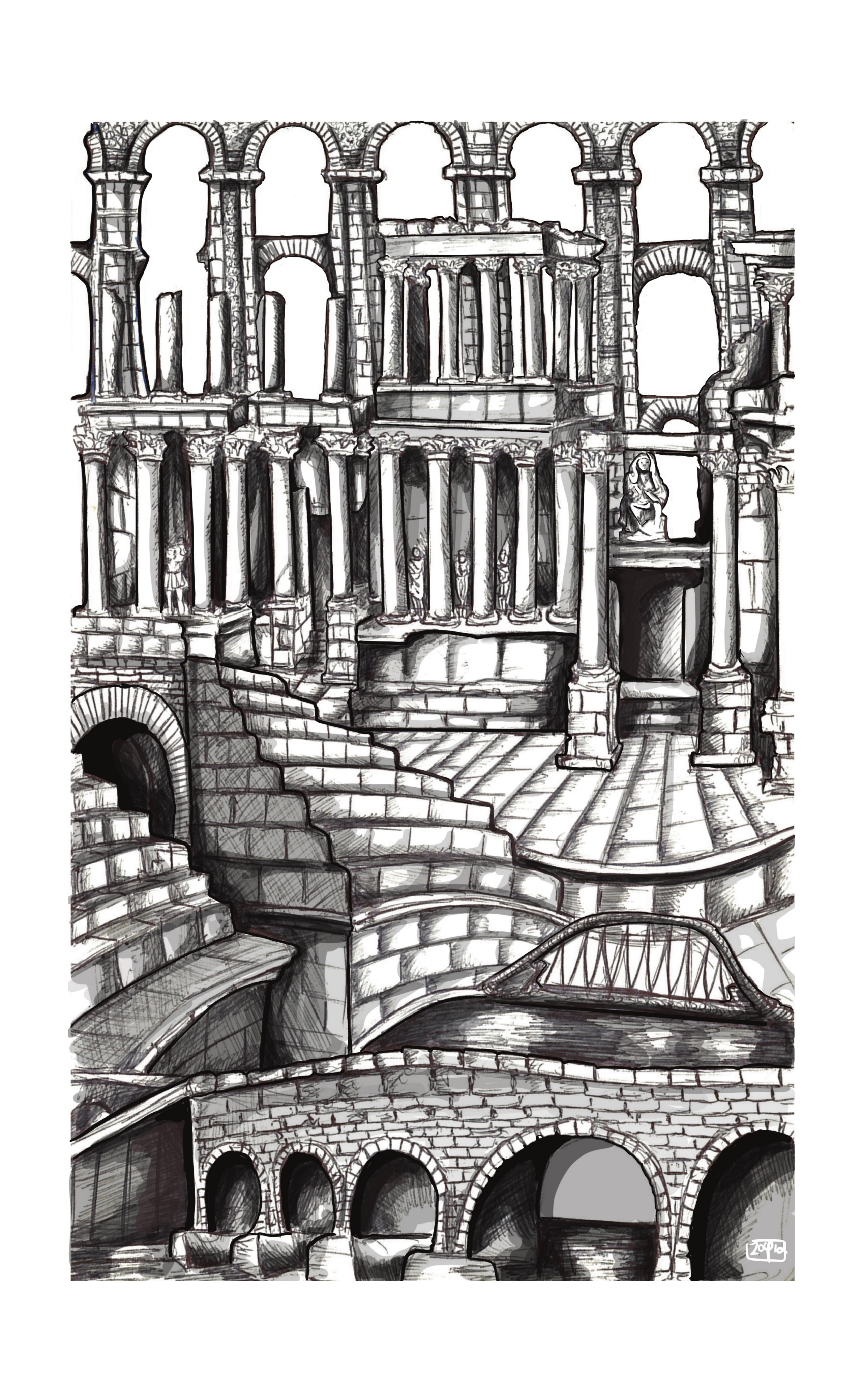 A monochrome drawing which combines lots of different architectural features of the city of Merida. At the top are the columns of the theatre, stairs lead down to an arched bridge.