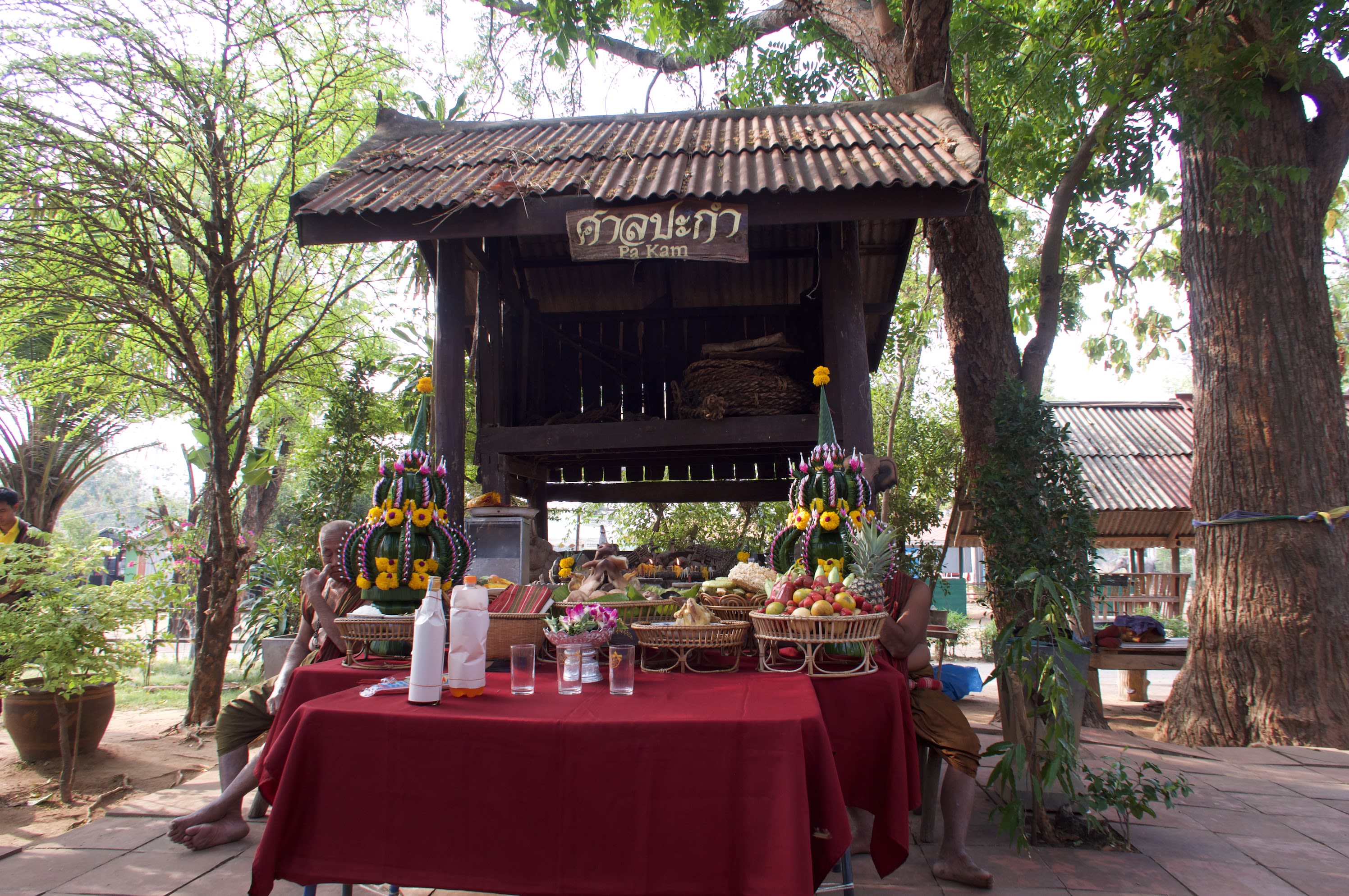 This shrine is also wooden with a corrugated iron roof but is larger than the other shrines and also has a sign that says Pa Kam in English and Pakam Shrine in Thai. A large rope is coiled on the right side of the shrine. A table at the base of the shrine, draped in a red tablecloth, holds elaborate offerings. At the front are glasses and bottles covered in paper to hide the labels. Behind are various food offerings, including a pig's head, boiled chicken, and various fruits. Two large offerings made of leaves and flowers flank either side of the table. 